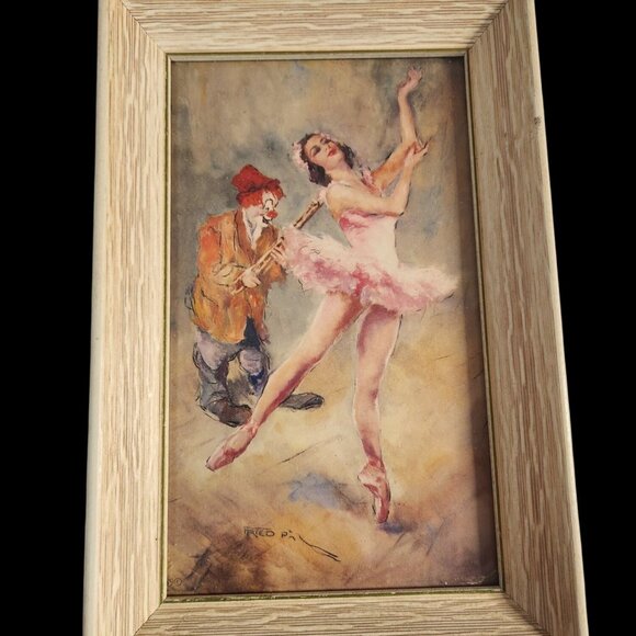 Pal Fried MCM Art Ballerina & Clown 2 Piece Gallery Framed Hungarian Artist - Picture 2 of 8